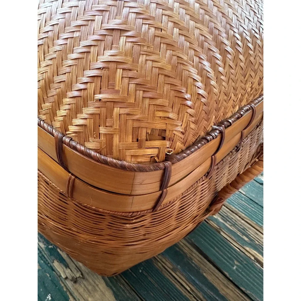 Vintage Woven Bamboo Picnic Basket Domed Lid Trunk Storage Hamper Boho Decor
